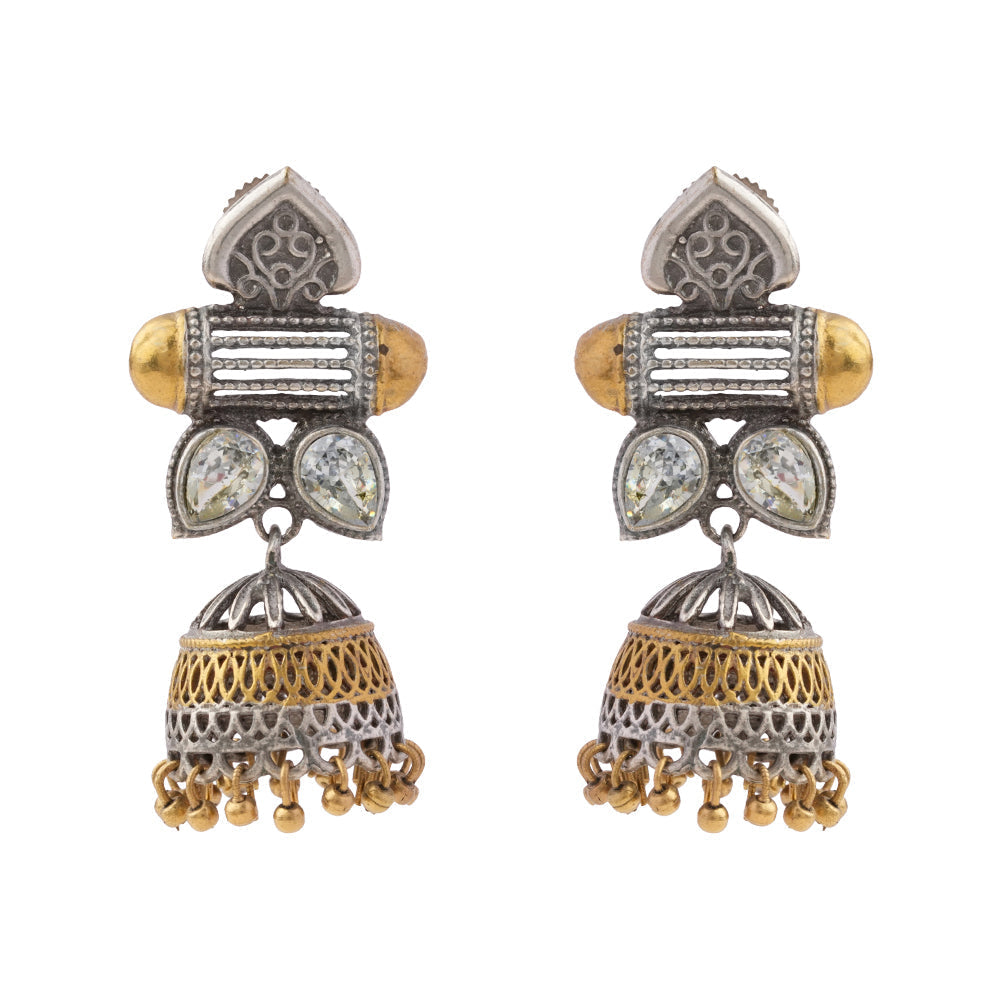 Rupali- Silver Brass Stone studdes Oxidised Jhumka Earrings(White)