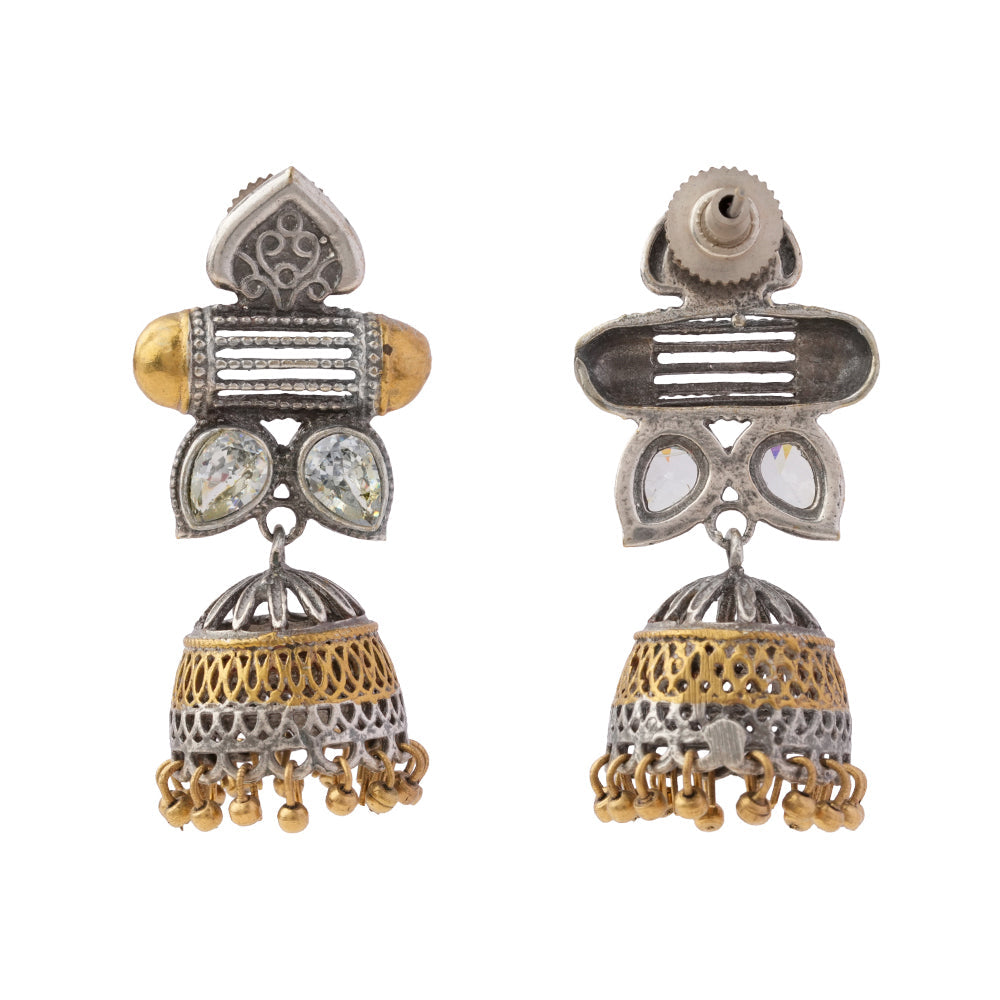 Rupali- Silver Brass Stone studdes Oxidised Jhumka Earrings(White)