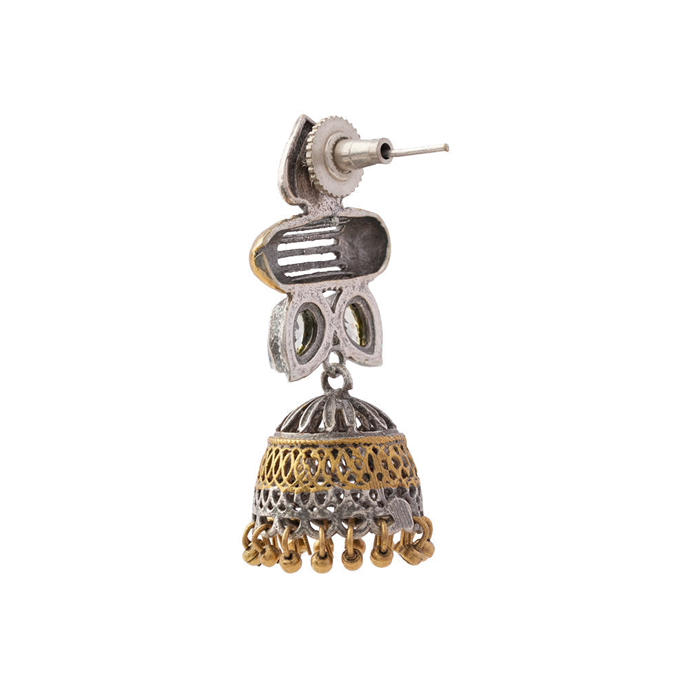 Rupali- Silver Brass Stone studdes Oxidised Jhumka Earrings(White)