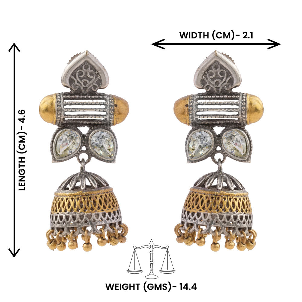 Rupali- Silver Brass Stone studdes Oxidised Jhumka Earrings(White)