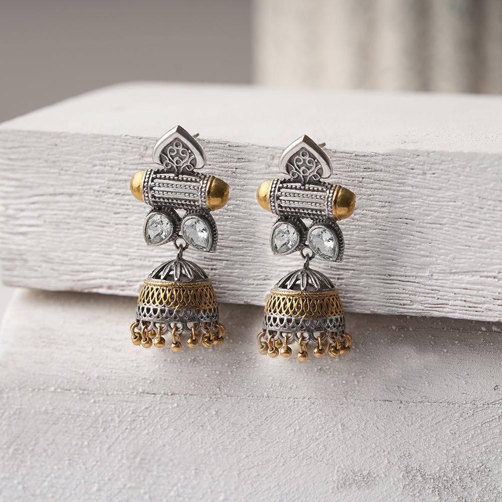 Rupali- Silver Brass Stone studdes Oxidised Jhumka Earrings(White)
