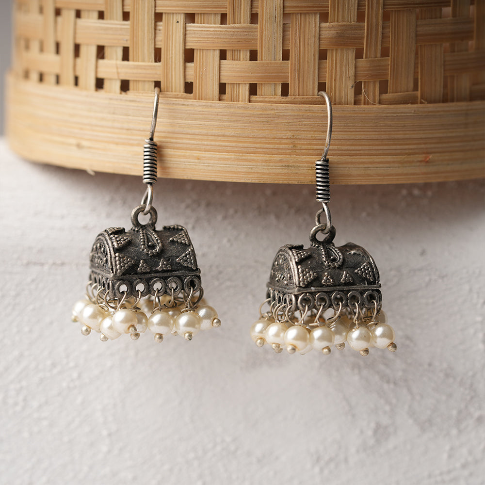 Phooljhal- Silver Brass Pearl jhumka earrings