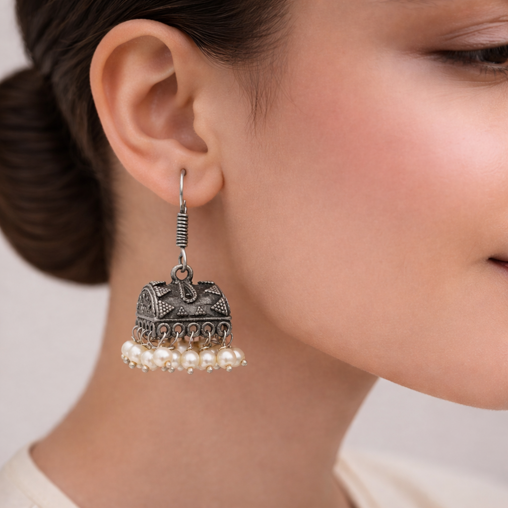 Phooljhal- Silver Brass Pearl jhumka earrings
