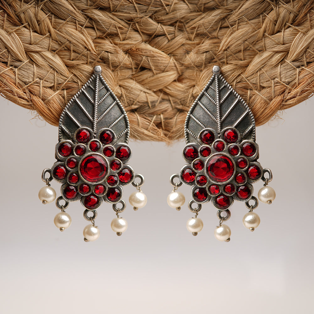 PatraPushp- Silver Brass Pearl Stud Earrings(Red)