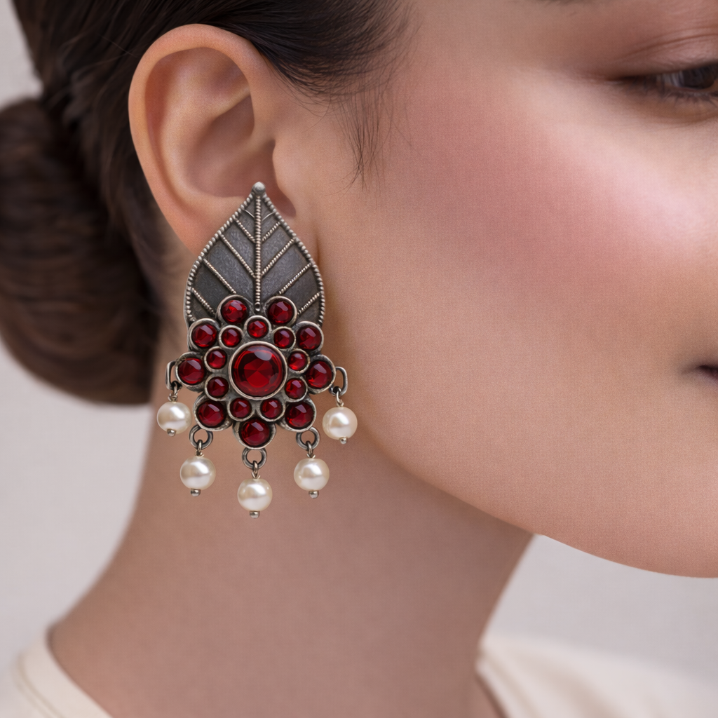 PatraPushp- Silver Brass Pearl Stud Earrings(Red)