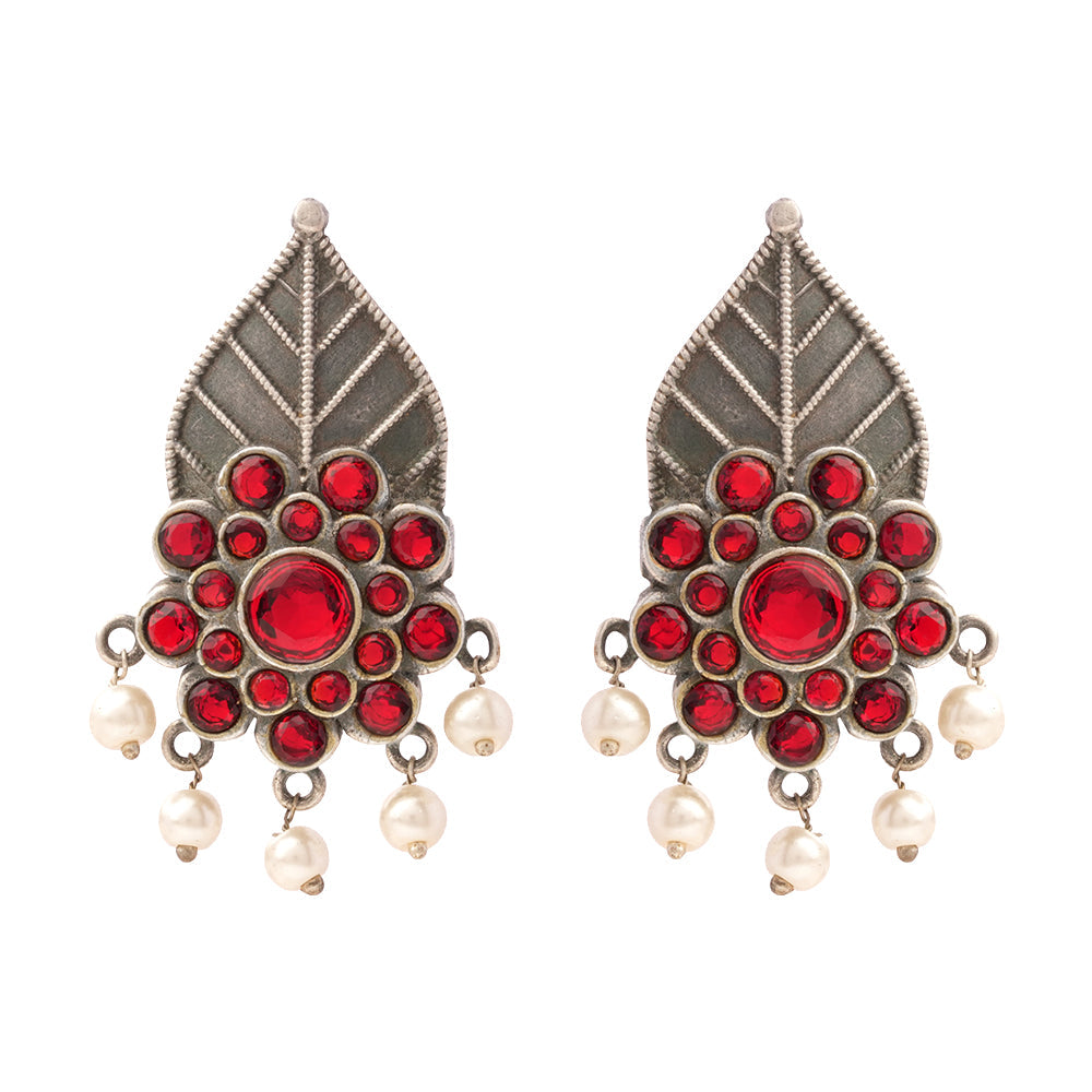 PatraPushp- Silver Brass Pearl Stud Earrings(Red)