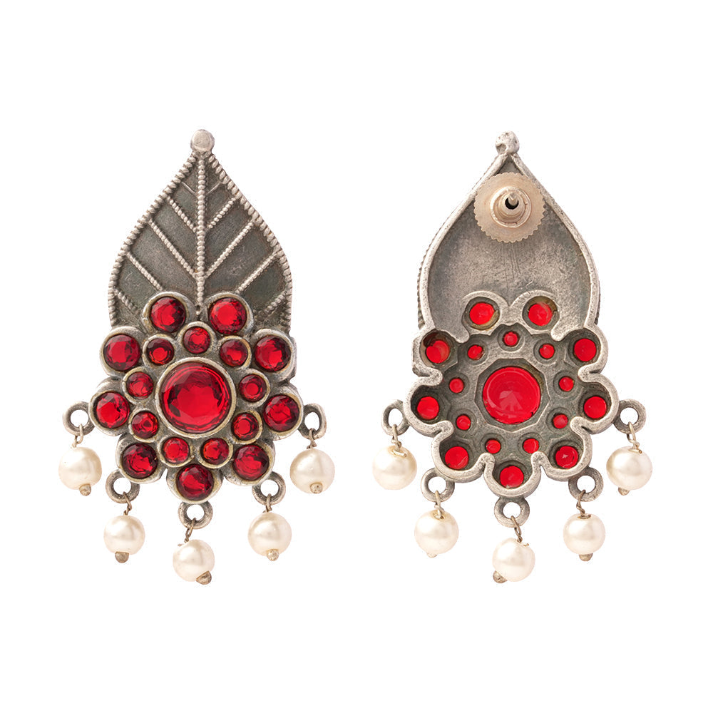 PatraPushp- Silver Brass Pearl Stud Earrings(Red)