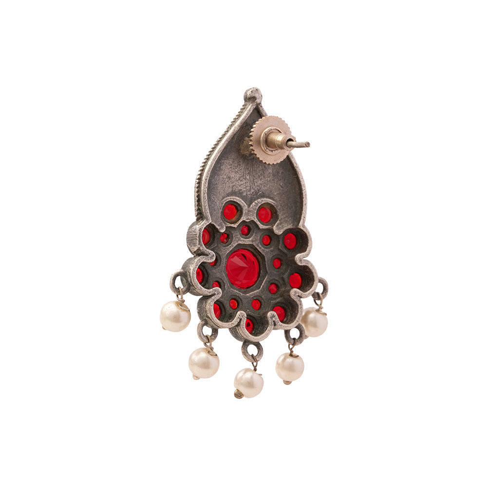 PatraPushp- Silver Brass Pearl Stud Earrings(Red)