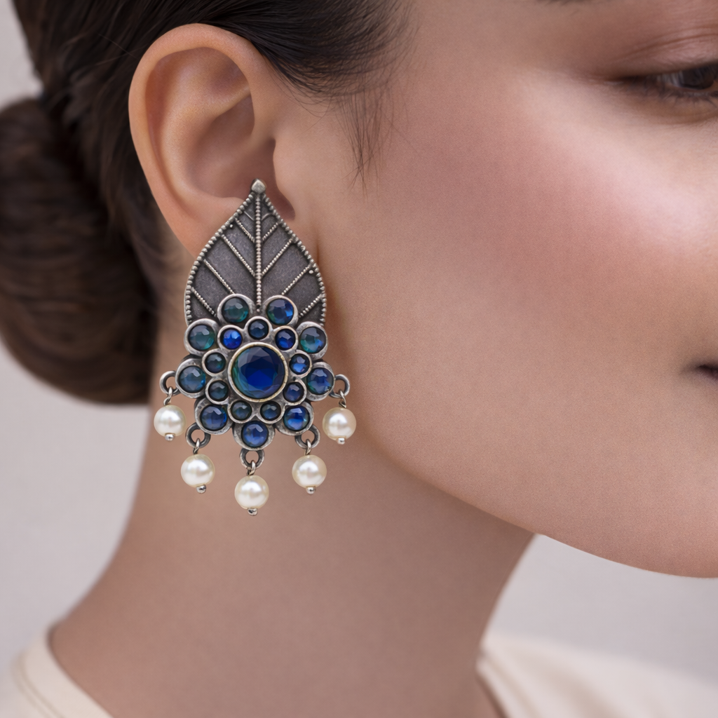 PatraPushp- Silver Brass Pearl Stud Earrings(Blue)