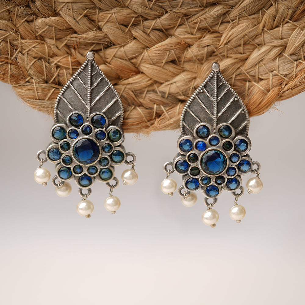 PatraPushp- Silver Brass Pearl Stud Earrings(Blue)