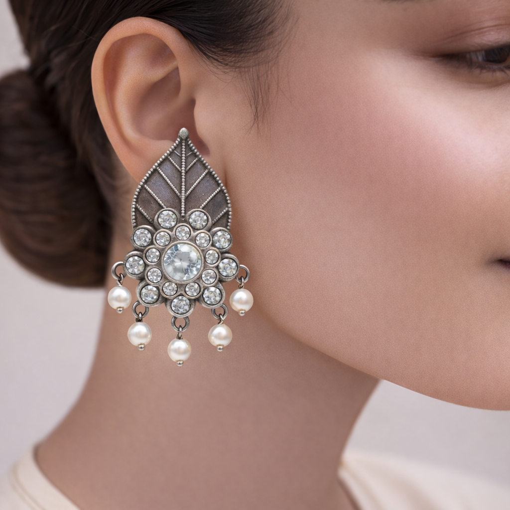 PatraPushp- Silver Brass Pearl Stud Earrings(white)