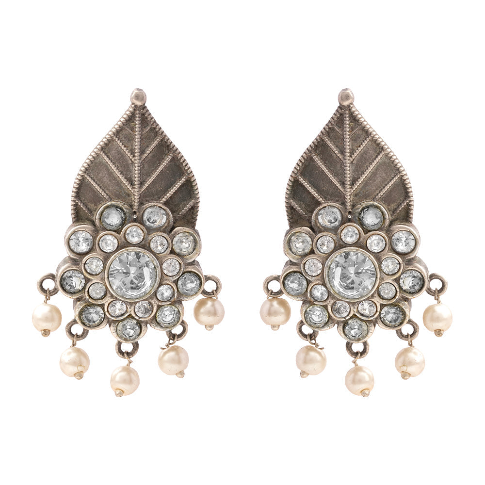 PatraPushp- Silver Brass Pearl Stud Earrings(white)