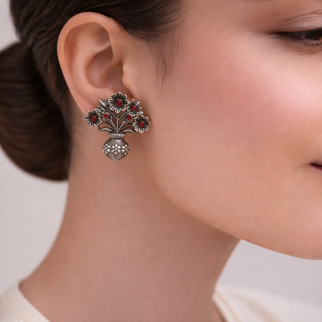 Pushp Kalash- Silver Brass Oxidised stud earrings(Red)