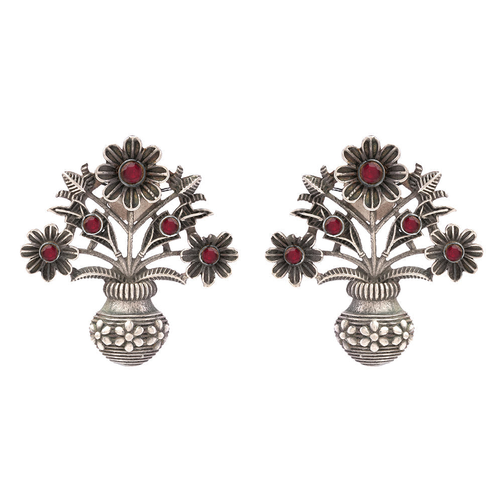 Pushp Kalash- Silver Brass Oxidised stud earrings(Red)