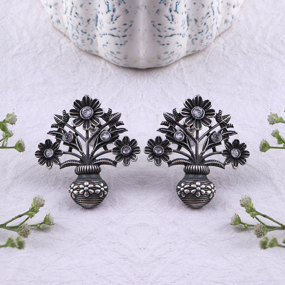 Pushp Kalash- Silver Brass Oxidised stud earrings(White)