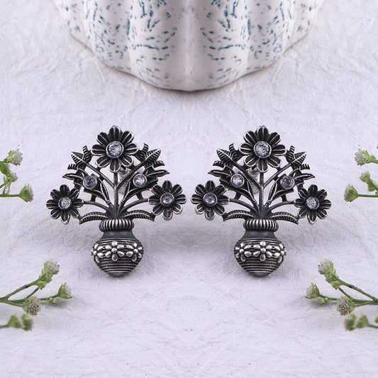 Pushp Kalash- Silver Brass Oxidised stud earrings(White)