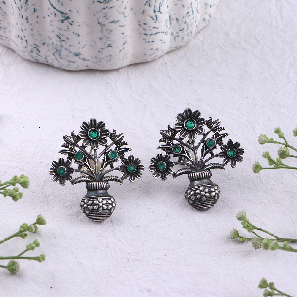 Pushp Kalash- Silver Brass Oxidised stud earrings(Green)