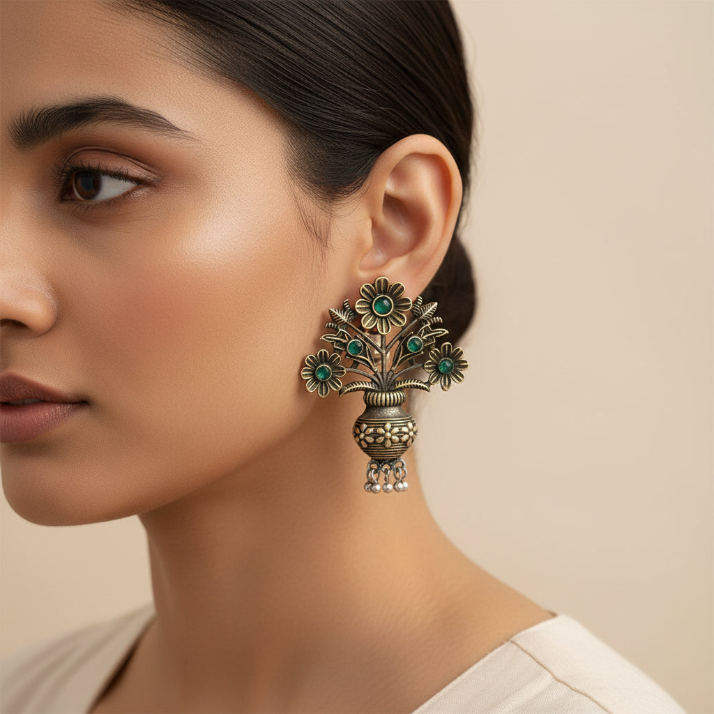 Pushp Kalash- Silver Brass Oxidised stud earrings(Green)