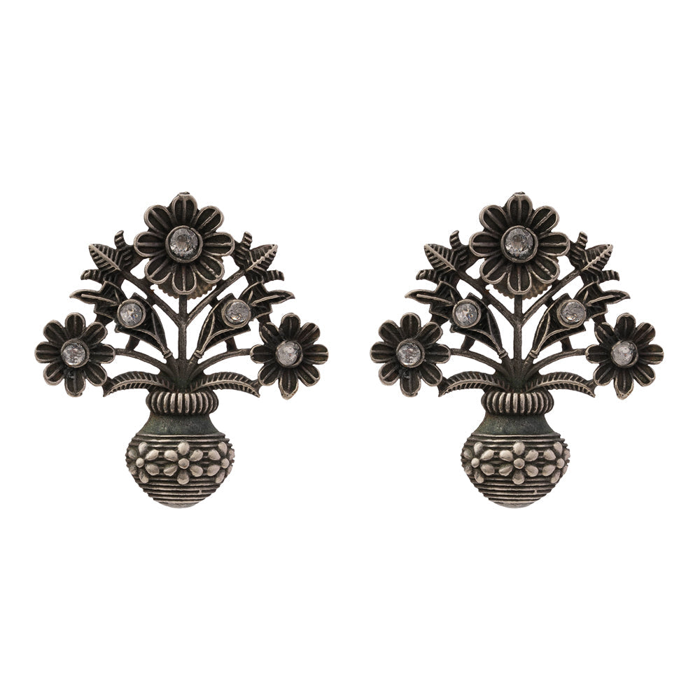 Pushp Kalash- Silver Brass Oxidised stud earrings(White)
