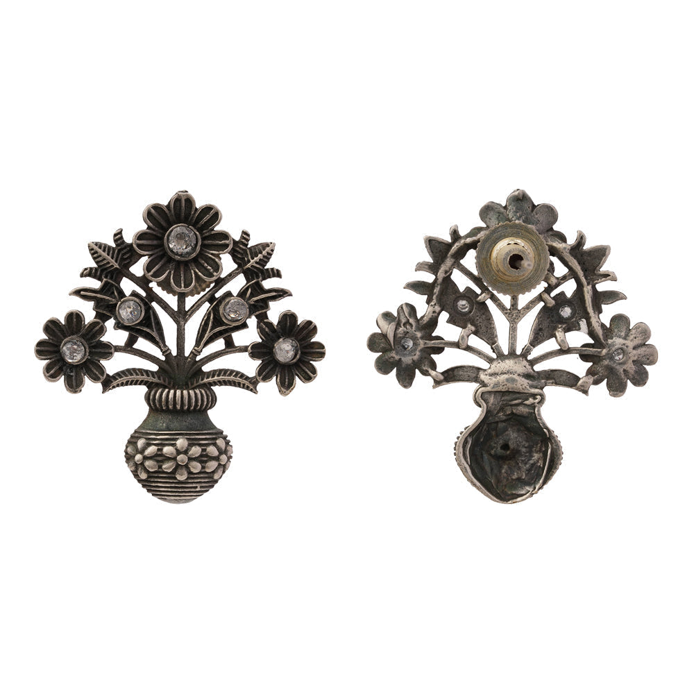 Pushp Kalash- Silver Brass Oxidised stud earrings(White)