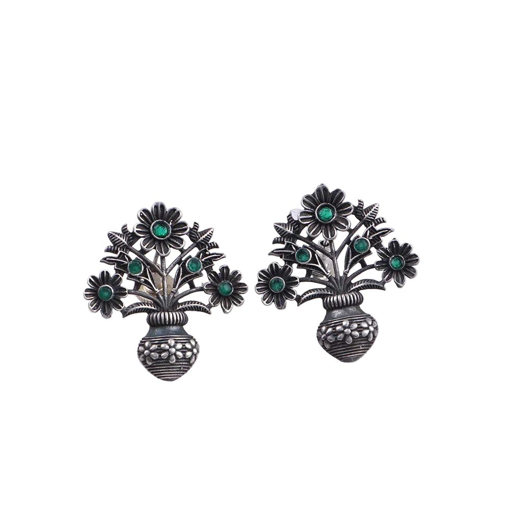 Pushp Kalash- Silver Brass Oxidised stud earrings(Green)