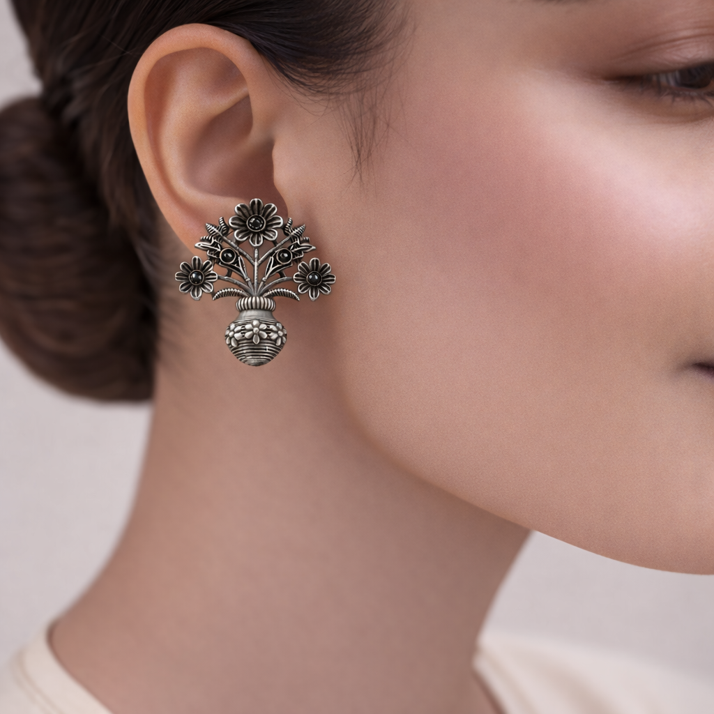 Phool- Silver Brass Oxidised stud earrings