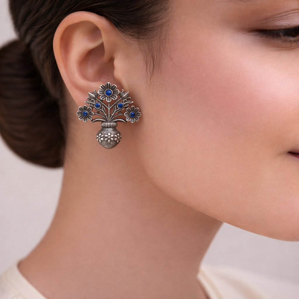 Pushp Kalash- Silver Brass Oxidised stud earrings(Blue)