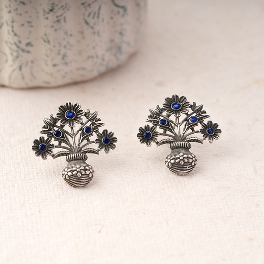 Pushp Kalash- Silver Brass Oxidised stud earrings(Blue)