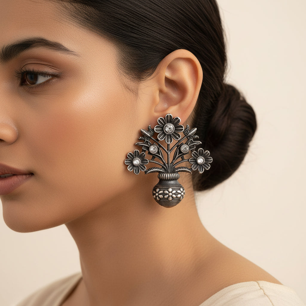 Pushp Kalash- Silver Brass Oxidised stud earrings(White)