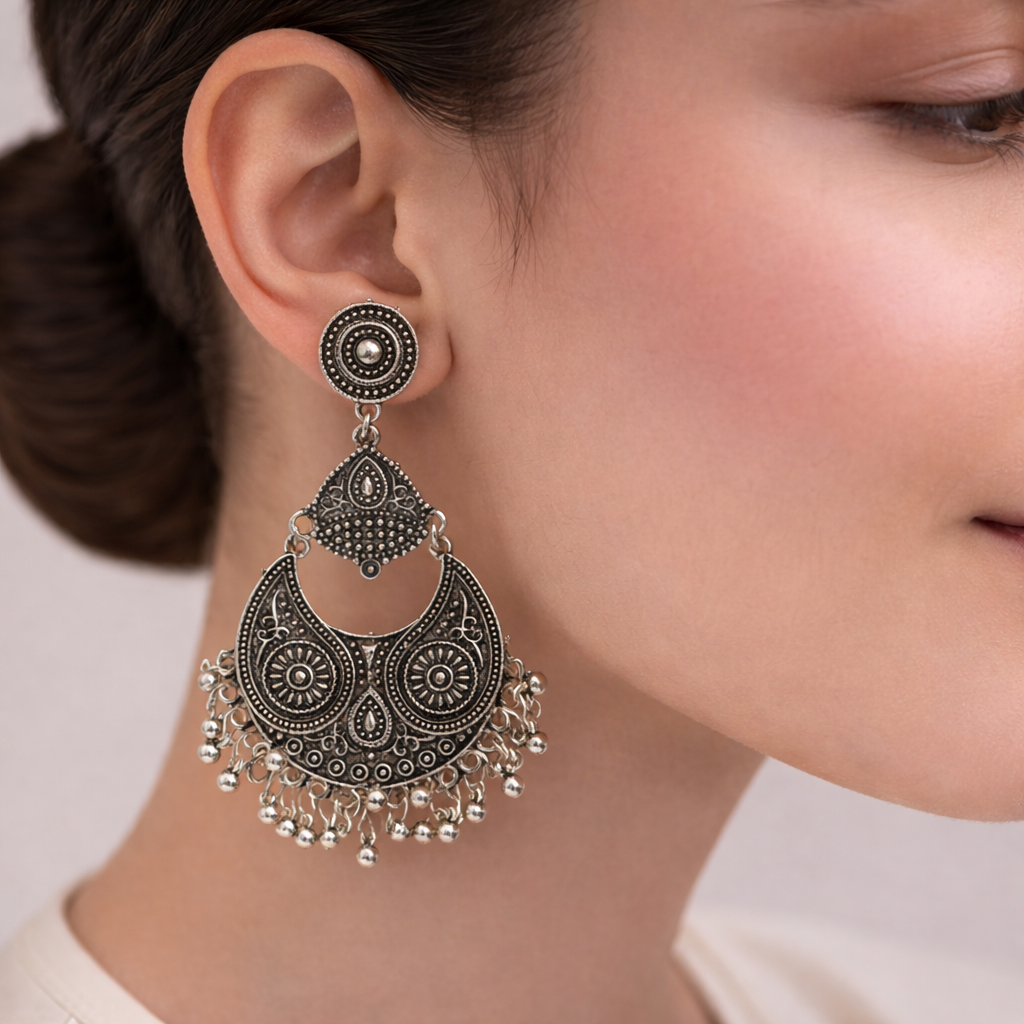 Antarika- Silver Brass Oxidised dangler earrings
