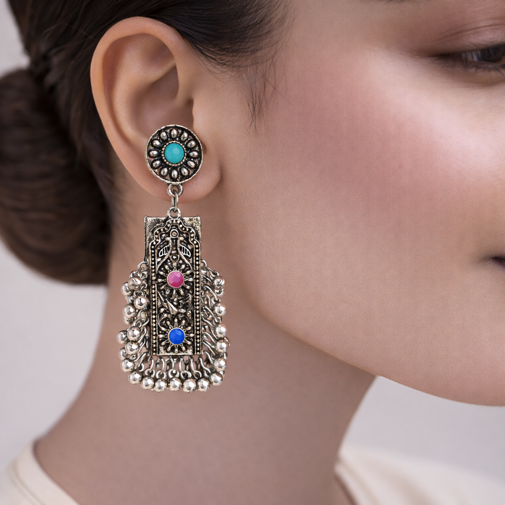 Meghra- Silver Brass ghunghroo dangler earrings