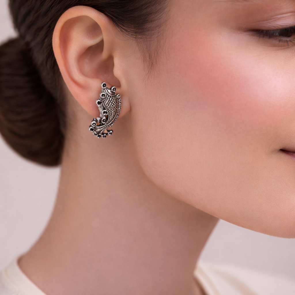 Meen- Silver oxidised Stone-Studded stud earrings(Black)