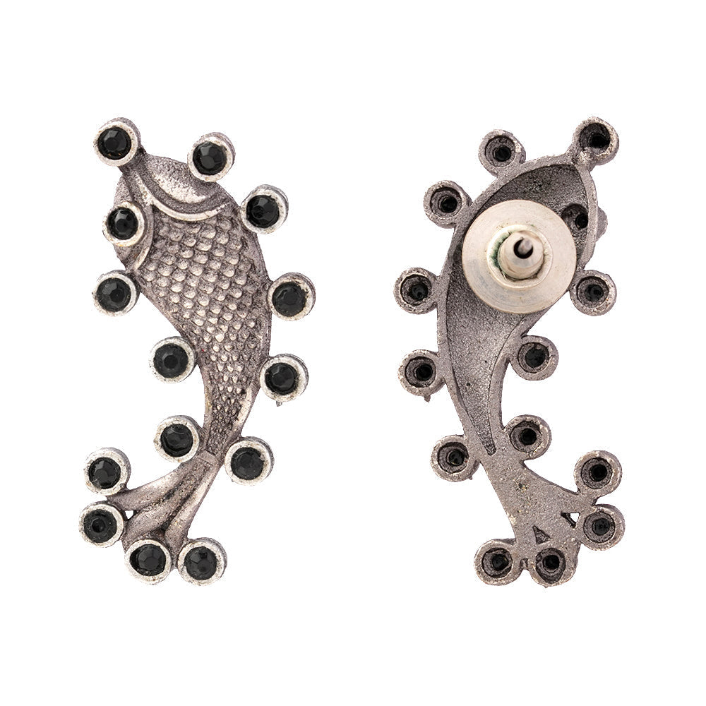 Meen- Silver oxidised Stone-Studded stud earrings(Black)