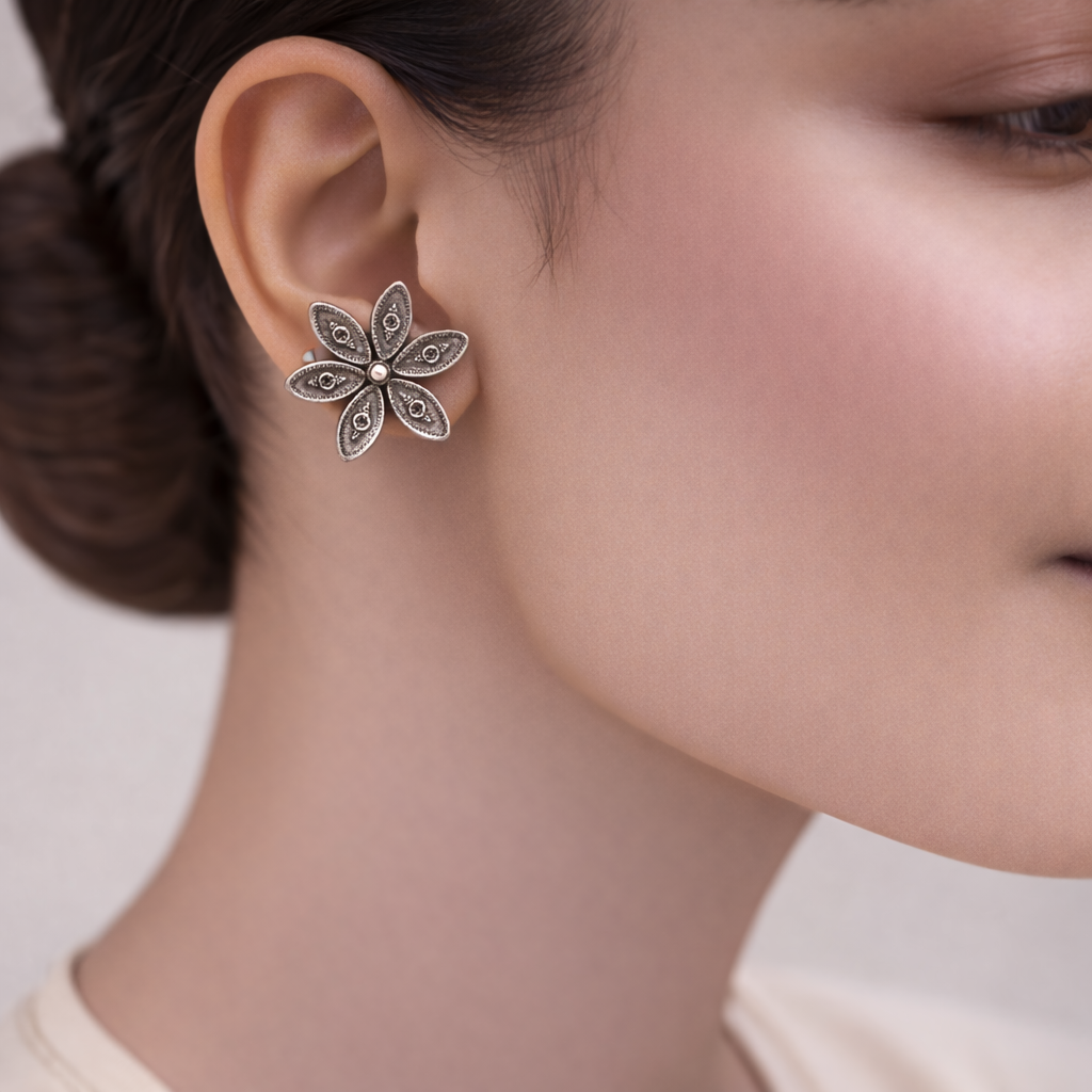 Gulika- Silver Brass Stud Oxidised Earrings