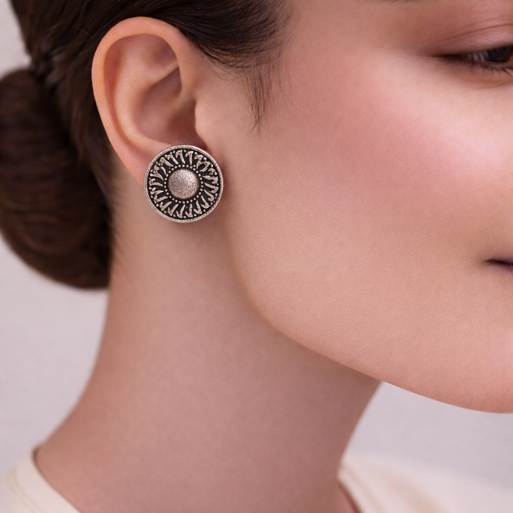 Chakra- Combo of Silver Brass Oxidised stud Earrings
