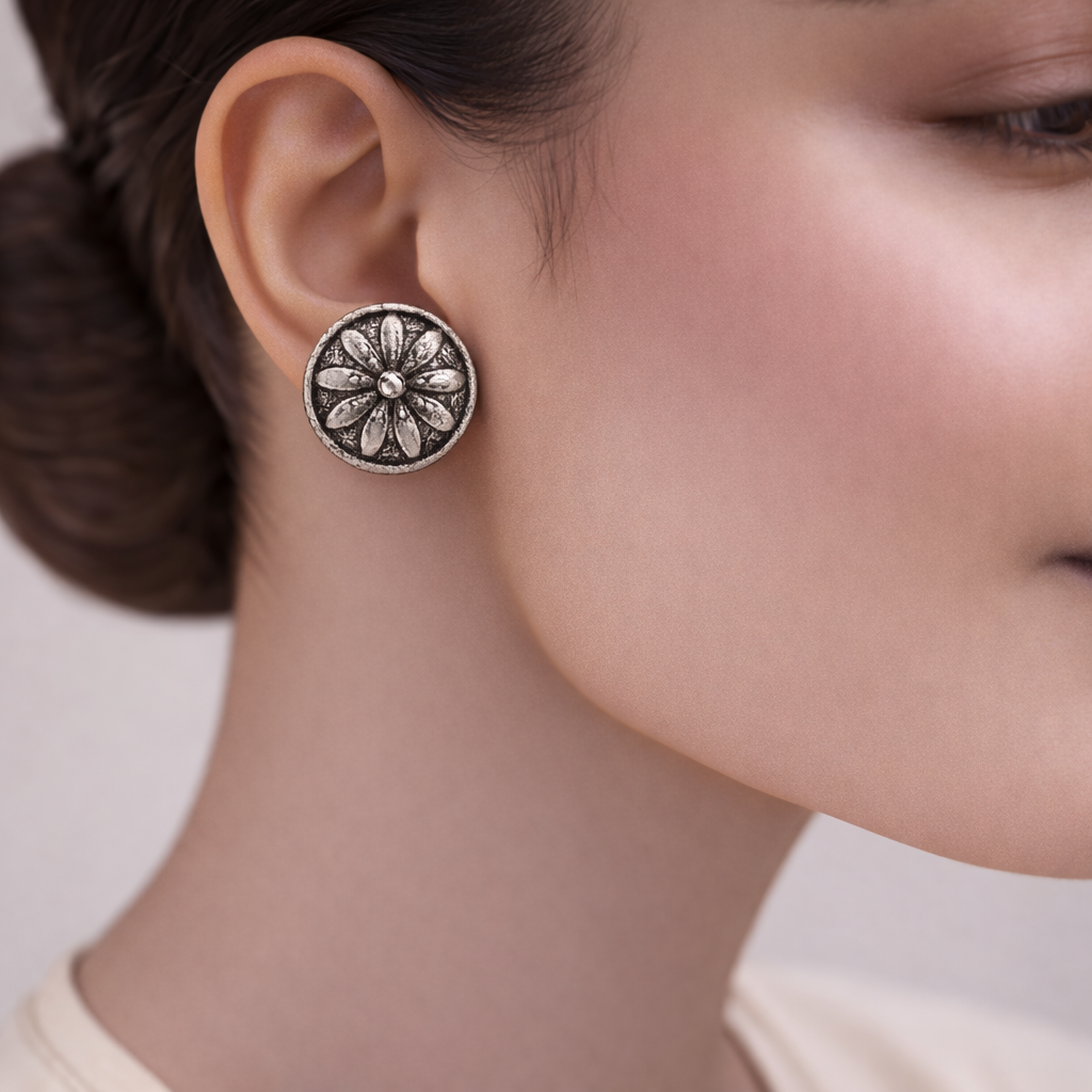 Mandala- Combo of Silver Brass Oxidised stud Earrings