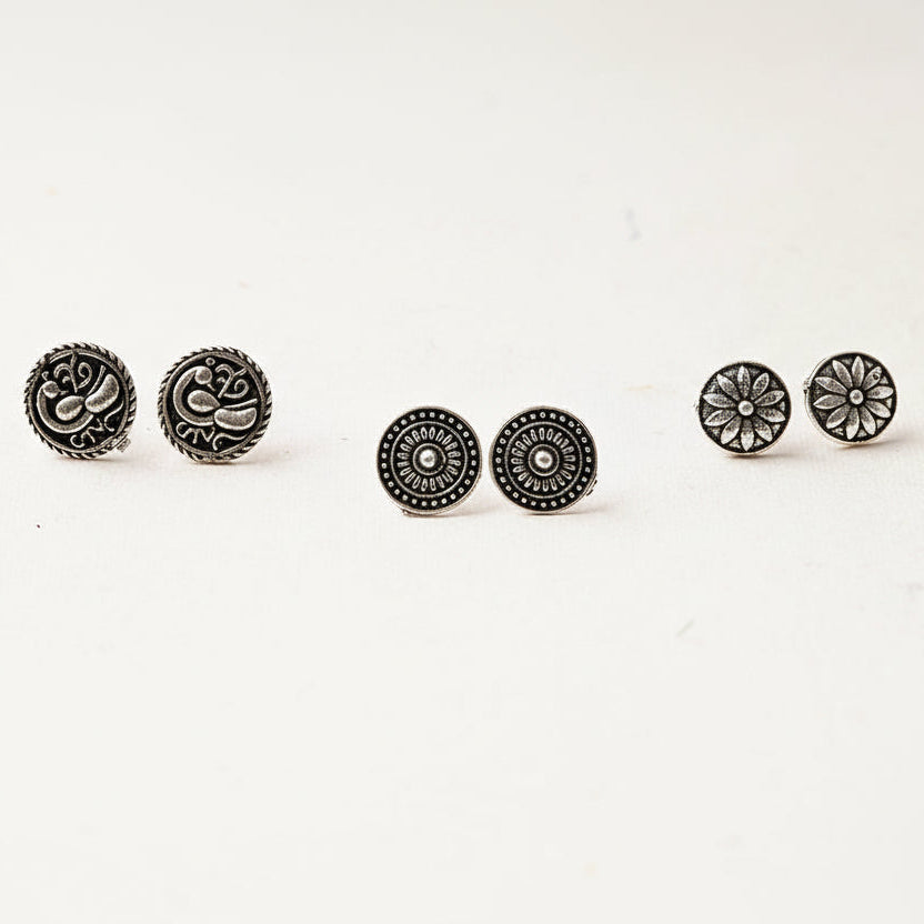 Mandala- Combo of Silver Brass Oxidised stud Earrings
