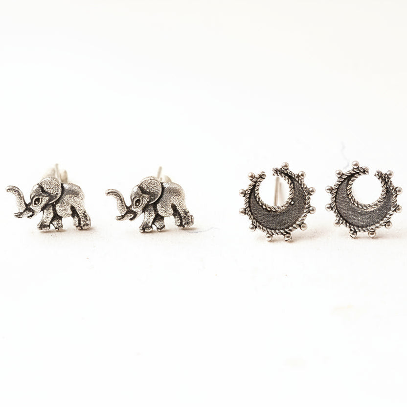Kanika- Combo of Silver Brass Oxidised stud Earrings