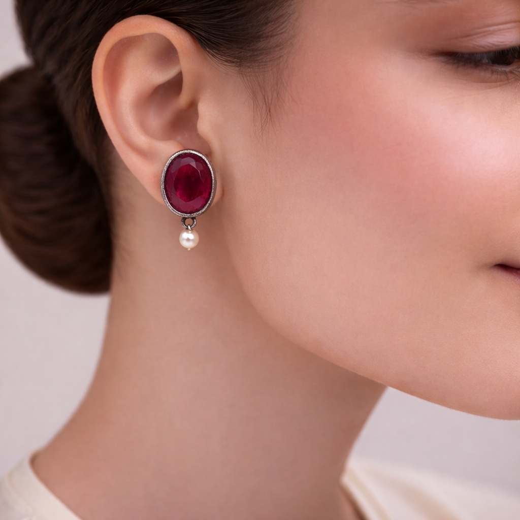 Boond- Silver Brass Stone-Studded stud earrings(Red)