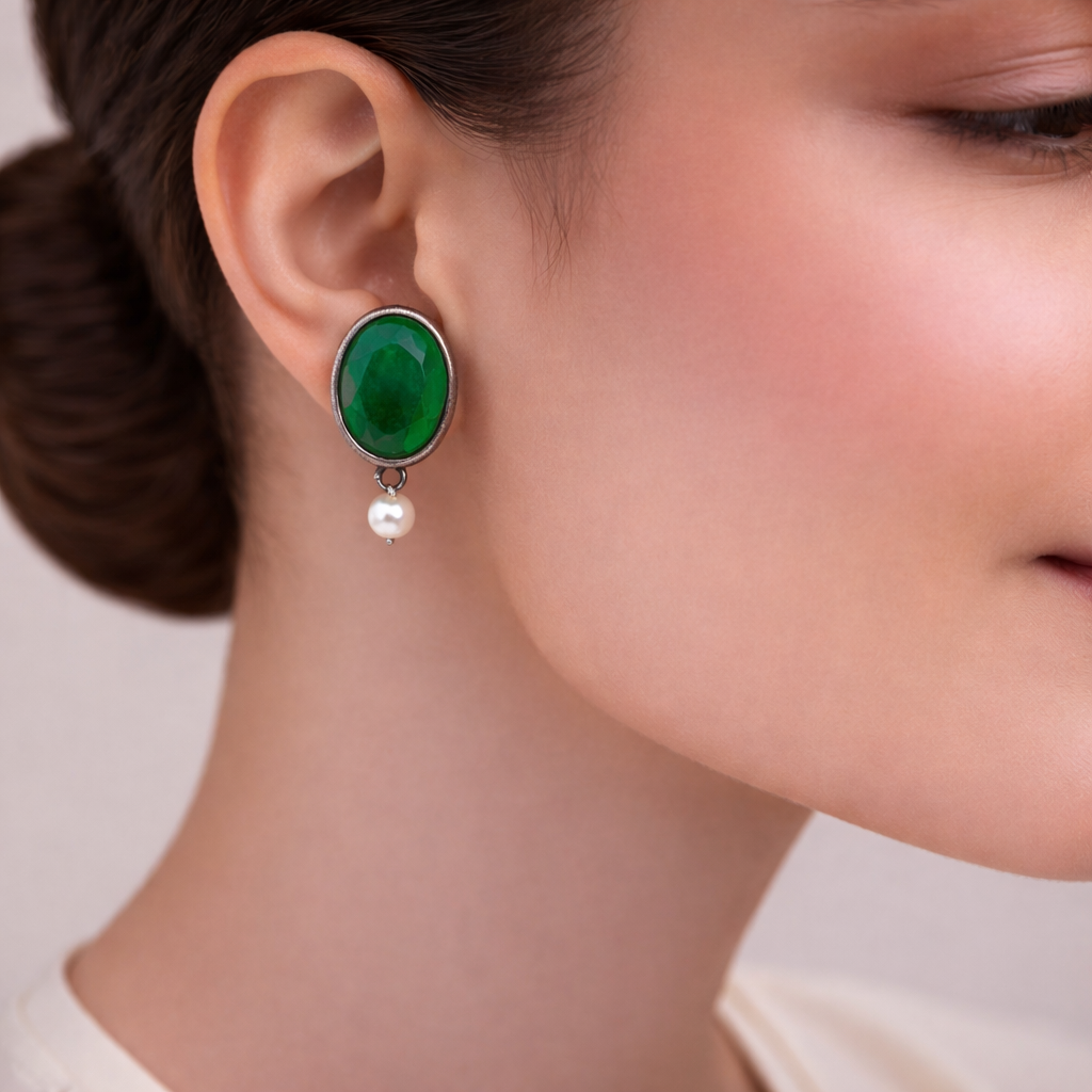 Boond- Silver Brass Stone-Studded stud earrings(Green)