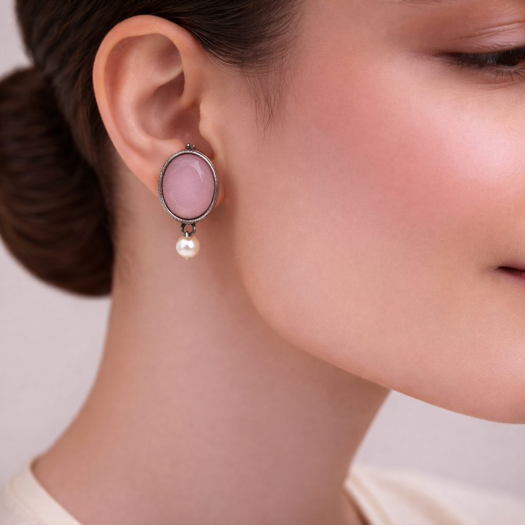 Boond- Silver Brass Stone-Studded stud earrings(Baby Pink)