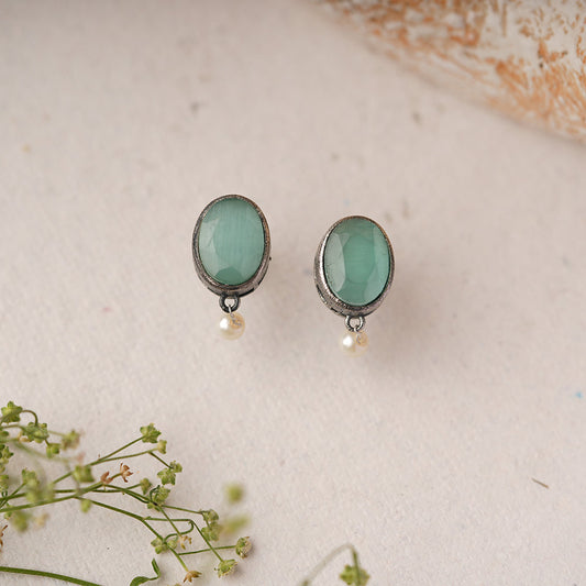 Boond- Silver Brass Stone-Studded stud earrings(Mint)