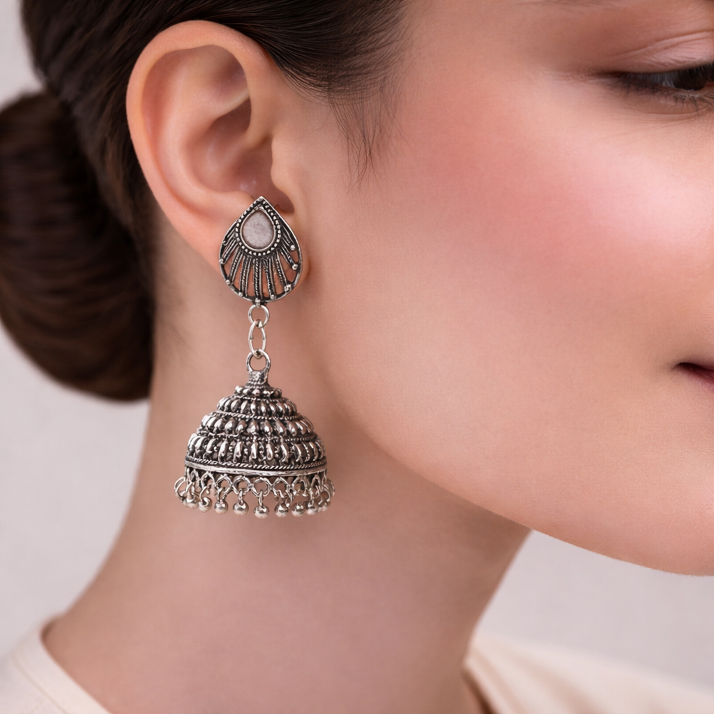 Noorani – Silver Brass Oxidised Jhumka Earrings