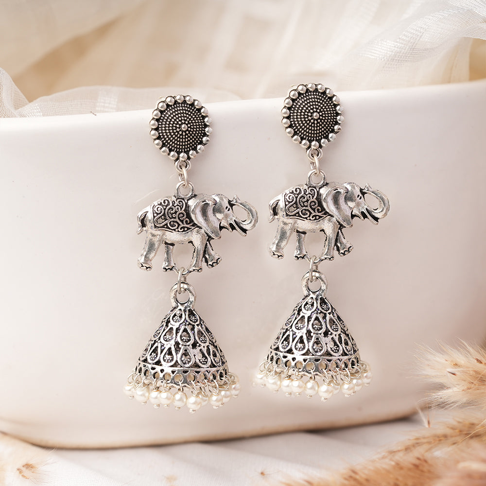 GajPriya- Silver Brass Pearl Jhumki Earrings