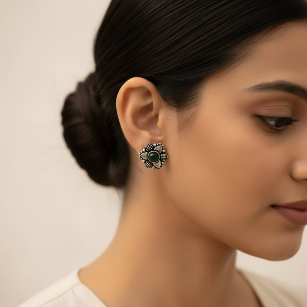 Kanmani- Combo of Silver Brass Oxidised stud Earrings