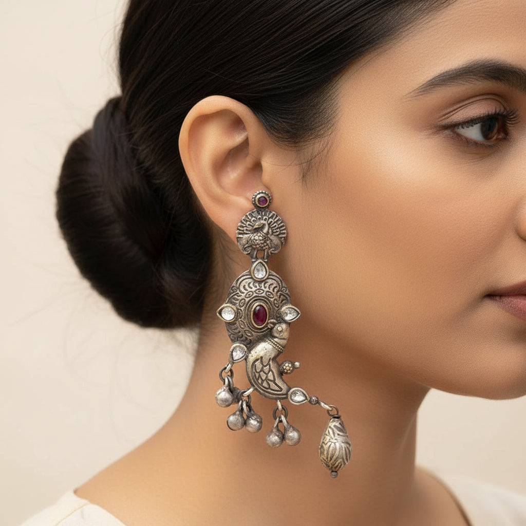 Dhwani- Silver Brass oxidised dangler earrings