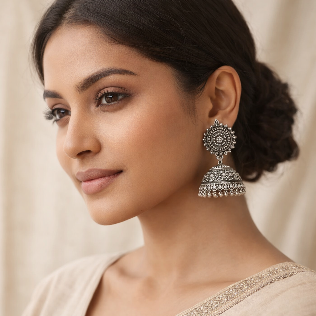 Pushkar- Silver Brass Oxidised Jhumka Earrings