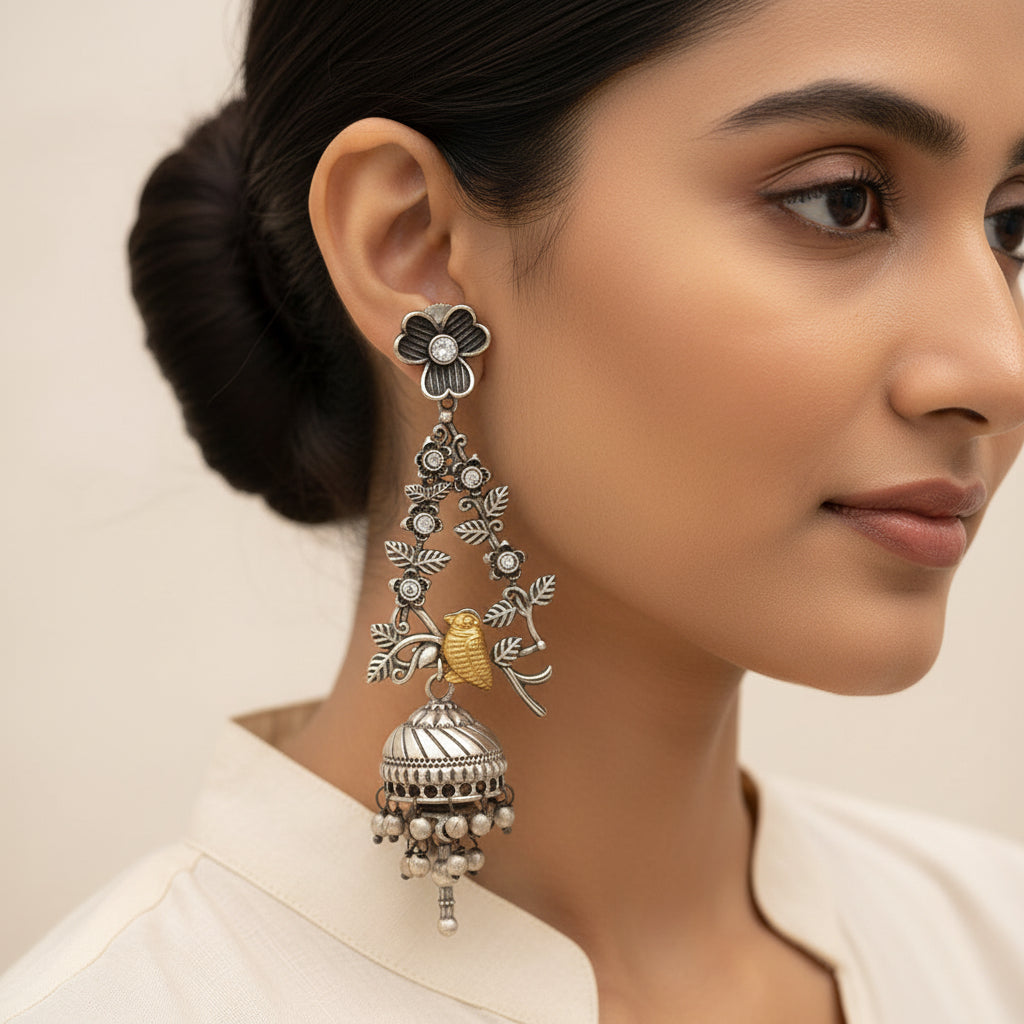 Phulvaari- Silver Brass Oxidised Stone-Studded Dangler Earrings
