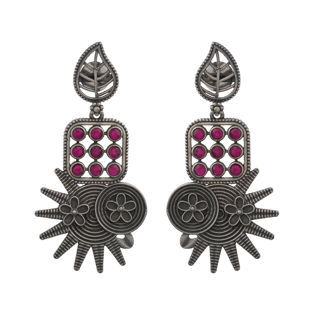 Pallavi – Silver Brass Oxidised Dangler Earrings ( Red )