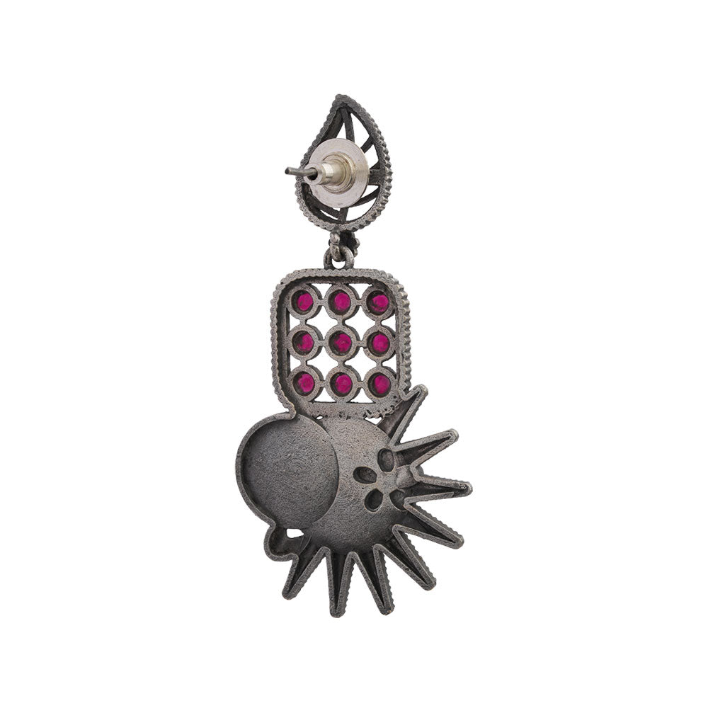 Pallavi – Silver Brass Oxidised Dangler Earrings ( Red )
